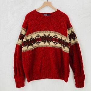 Polo Ralph Lauren Sweater Mens Large Hand Knit Wool Snow Fair Isle Crew Neck Red